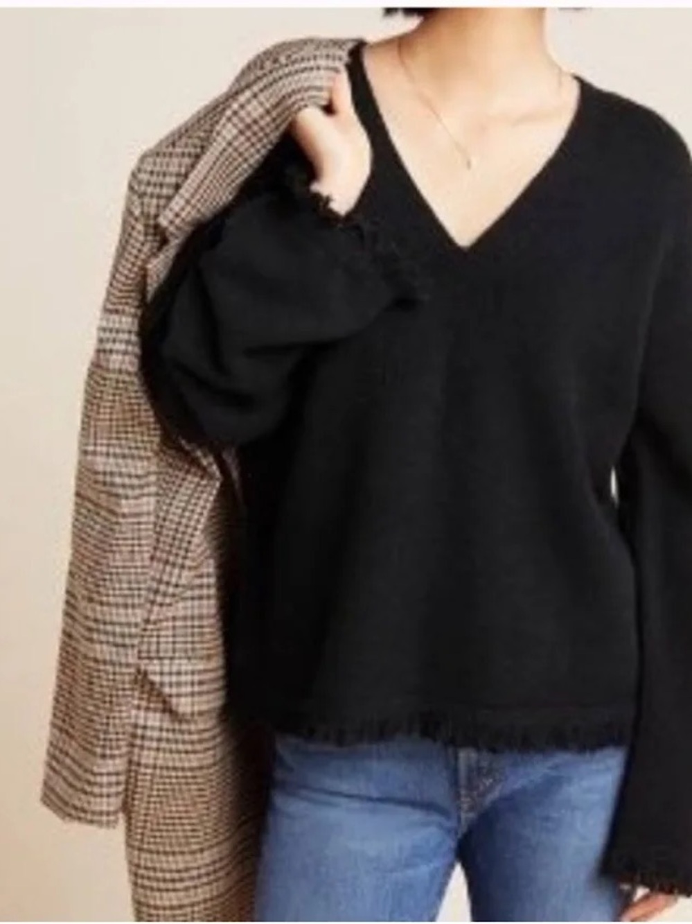 Anthropologie Joy Fringe V-Neck Bell Sleeve Sweater Black Wool Alpaca Blend S